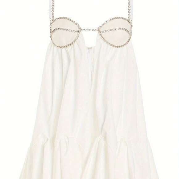 White Casual Women's Spaghetti Strap Rhinestone Cutout Mini A-Line Dress - Picture 5 of 10